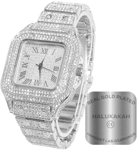HALUKAKAH Diamant Montre en Or, Hommes Plaqué Or Blanc Platine 40MM Large Carré Cadran Quartz Bracelet 24cm, avec Boite Cadeau