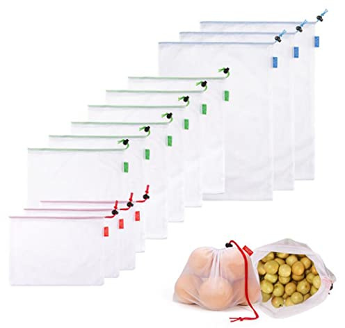Hoshen Lot de 12 sacs réutilisables en maille pour produits alimentaires, sac à provisions en polyester avec cordon de serrage pour fruits, légumes, nourriture, 3 grands, 6 moyens, 3 petits