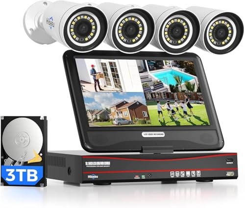 Hiseeu 5MP Kit Videosorveglianza PoE, 8CH NVR 3TB HDD con 10'' LCD Monitor, 30m Visione Notturna a Colori, 4X 5MP Telecamera PoE con Rilevamento del Movimento, Registrazione 24/7, Audio Bidirezionale