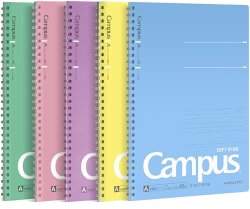KOKUYO Spiral Lined Notebook, 5 Pack 10'' x 7'' Pastel Journal B5 Campus Soft Ring Notebooks with Dot 7 mm Ruled, 40 Sheets, 1 Subject Notebook, Note Taking for School (SU-S111AT)