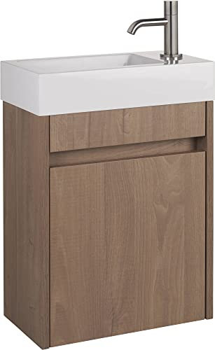 Saqu Florence Gäste WC Waschbecken mit Unterschrank Vormontiert - in Braun mit Mineralmarmor-Waschbecken und Edelstahlhahn rechts - Kleines Gäste WC Bad Möbel mit Waschtisch