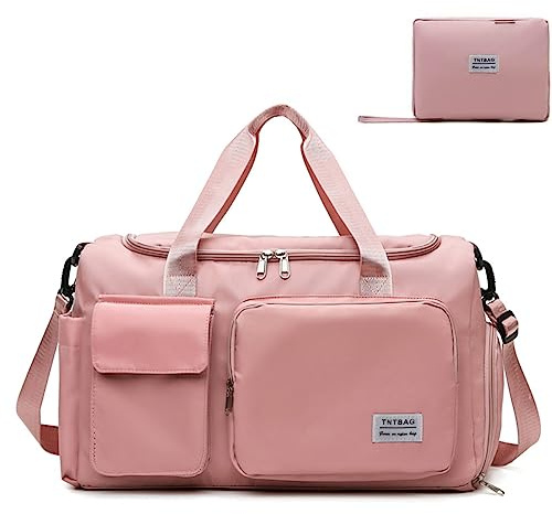 Folding Travel Bag, Gym Bag, Yoga Bag, Shoe Compartment Model, Wet and Dry Gym Bag, Lightweight Handbag(Pink)