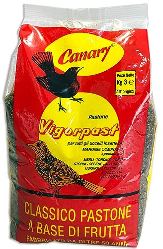Canary, VIGORPAST, 1 pack da 3kg, mangime per uccelli insettivori e frugivori, pastone classico morbido, alta qualità, alimento per merlo, tordo bottaccio, cesena, maina, sassello
