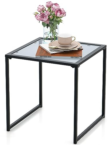 GOPLUS Gartentisch klein, 43cm Beistelltisch Outdoor aus gehärtetem Glas & Metall, quadratischer Kaffeetisch, Balkontisch Bistrotisch, Platzsparend für Wohnzimmer Schlafzimmer, Terrasse & Garten