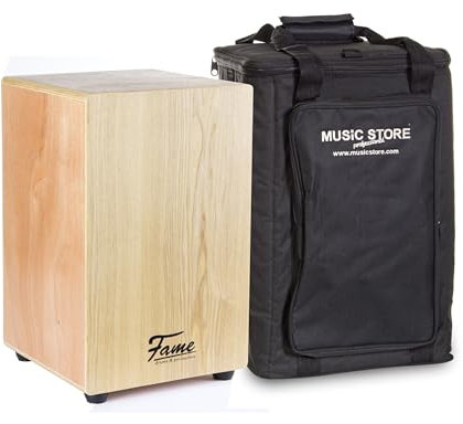 Fame Cajon-Set, Beginner Cajon mit Tasche, Natur Esche Holz, Matt Finish, Gitarrensaiten, 30x30x48 cm, inklusive Stimmschlüssel