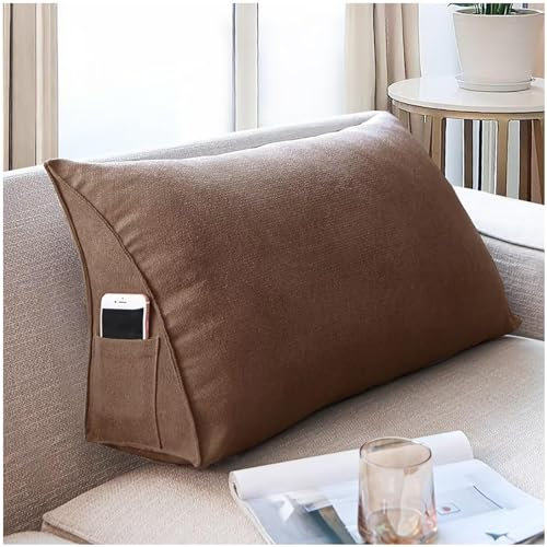 ZTGL Rückenkissen Keilkissen Bett Lesekissen, Rückenlehne Kissen für Sofa Lendenkissen Bettkopfteil, Dreieckige Bettkeil Bücherkissen Stützkissen mit Seitenfach,Braun,60x35x20cm