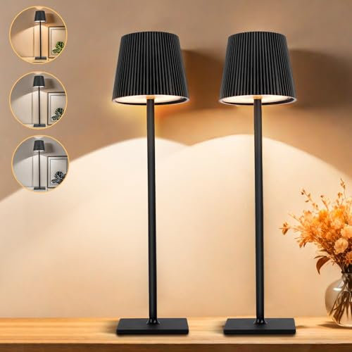 Dimmbare Akku-Tischlampe - 4800 mAh Kabellose Schwarz LED Tischleuchte - Warmweiß (2700k-6500k) - IP54 Touch, Für Drinnen und Outdoor, 2er Set