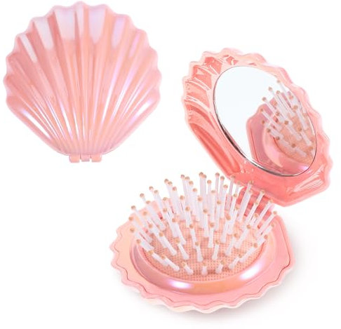 Foldable Travel Hair Brushes with Mirror Shell Shape Portable Folding Pocket Hair Brush Cute Mini Hair Comb Compact Size Hair Massage Comb Small Makeup Mirror Set Gifts for Girls Women