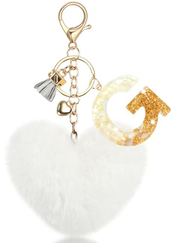 MWOOT Porte Clés Initiale G, Porte Clés Lettre G avec Pom Pom Cœur, Pendentif Porte Clés Alphabet en Résine Blanche pour Femmes Décorations Clés Voiture Porte Monnaie Sac à Dos