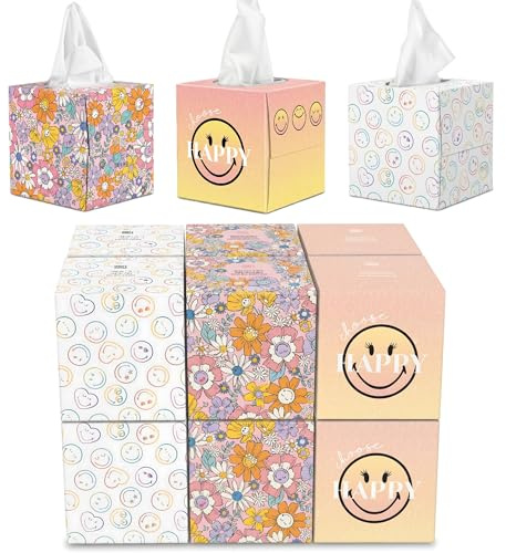 SMILEYWORLD Mouchoirs Ultra-Doux – 12 Boîtes Cube x 48 Feuilles (576 Feuilles) – 3 Plis – 3 Designs – Mouchoirs en Papier Résistants et Saugants (JOY EDITION)