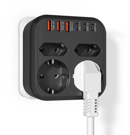 WENTONG Presa Multipla USB con 2 Schuko e 2 Spine EU, Multipresa da Parete con 6 USB 5V/3.4A, 3500W Presa Piatta Salvaspazio 15A, per Ufficio, Famiglia, Cucina e Viaggio
