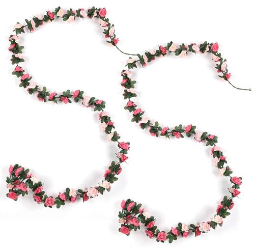 2 Pack Artificial Flower Garlands Fake Rose Vines Hanging Garland- 45 Simulated Roses,Artificial Flower Vine Hanging Rose Garlands for Outdoor Indoor Wedding Wall Badroom Decoration (Pink Flower)