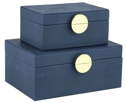 HofferRuffer Faux Leather Jewelry Boxes, Decorative Boxes Storage Accessory Organizer with Gold Hardware Decor, Classic Vegan Leather Set of 2 Pieces (Navy Blue)