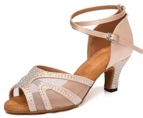 ZYXWVU Scarpe da Ballo Latino Donna Strass Sala Tango Bachata Matrimoni Feste,D53-beige-6cm Heel,40 EU