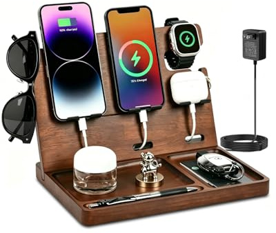 Xunhomon Docking station per telefono in legno, organizer per comodino, stazione di ricarica con QC 3.0 e PD22.5W USB C, ricarica rapida per iPhone, Samsung, Android, Airpod, anniversario, regali di