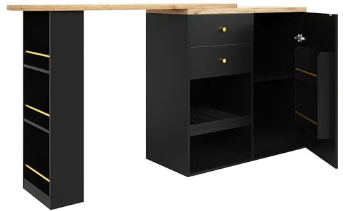 Mobile Bar Girevole 360° con Ante Scorrevole e 3 Scaffali Aperti - Armadio Multifunzione per Casa, Ufficio, Soggiorno e Angolo Bar - Design Moderno con Maniglie Dorate (2 cassetti, Black + MDF)