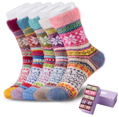 ICEIVY 5 Pairs Fluffy Thermal Socks for Womens Warm Wool Cosy Ladies Bed Socks for Winter with Gift Box