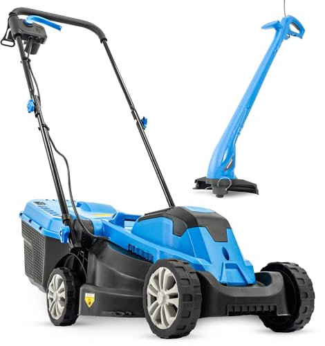 Hyundai Electric Lawn Mower & Grass Trimmer Set | 1300W 33cm Mower + 250W 22cm Trimmer | 11m & 10m Cables, Adjustable Cutting Height, Lightweigh Grass Cutter for Small Gardens | 3 Year Warranty