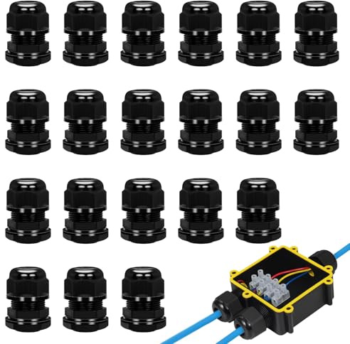 M20 Cable Glands 20PCS, Waterproof M20 Cable Gland Black Connectors, IP68 Nylon Electrical Glands for 6–12mm Wires, Black Threaded Wire Connector Kit with Locknuts for Outdoor Electrical Use