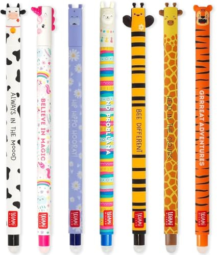 LEGAMI Set mit 7 radierbaren Gelstiften mit thermoempfindlicher Radiertinte, verschiedene Tintenfarben und Schaftdesigns, 0,7 mm Spitze, Kuh, Einhorn, Nilpferd, Lama, Biene, Giraffe, Tiger