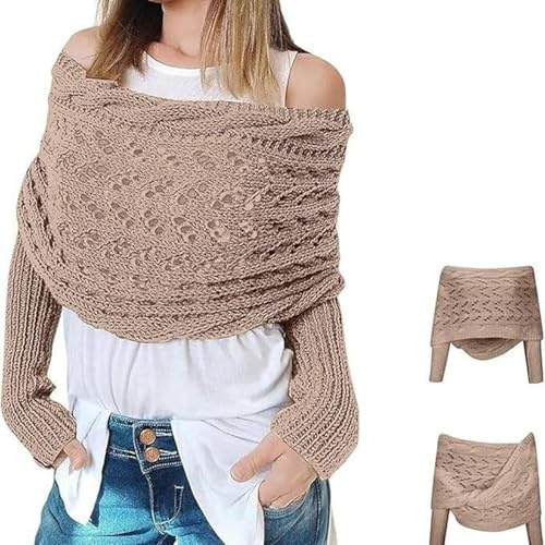RUISHH Damen Gestrickter Schal mit Ärmeln Pullover Strick Cape Multifunktionsschal Zopfmusterschal Eleganter Poncho Khaki Einheitsgröße