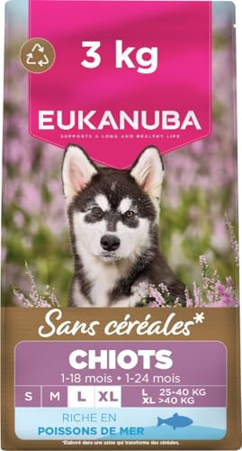 EUKANUBA Cibo secco per Cuccioli senza cereali con pesce per razze di taglia grande - Alimento secco premium privo di cereali per Cani giovani, 3 kg