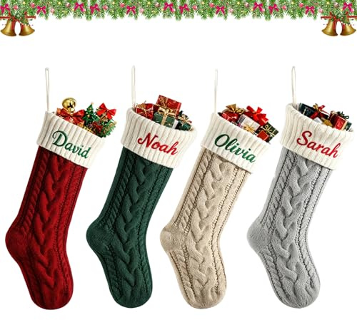 Generisch Weihnachtsstrumpf Personalisiert mit Namen Bestickt, Nikolausstrumpf Groß 46cm, Gestrickte Weihnachtssocken mit Namen zum Aufhängen, Stockings Christmas, Weihnachtsbaumschmuck, (B)