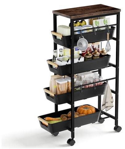 Meuble Rangement Cuisine, Corbeille à Fruits en Métal Chariot de Rangement à 5 Niveaux avec Plateau en Bois, Cuisine, Chambre, Salle de Bain, Dortoir