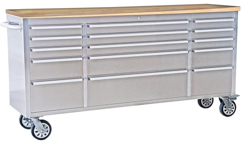 Solid Wood Top Workbench,72 Inch Rolling Tool Chest,Stainless Steel Tool Cabinet with 15 Drawers & Solid Wood Top,Mobile Workbench with Locking Wheels & Power Outlets for Garage Workshop