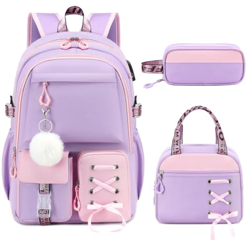 Byitin 3PCS School Bag Girl, Kids Backpack Set for Primary Secondary School | 3-in-1 Girls Rucksack with Lunch Pouch & Pencil Case Ergonomic, Water-Resistant, Purple-Pink