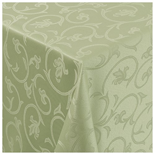 Tischdecke Damast Stoff Barock Tulpen Tischtuch Bügelarm oval 140x190 cm in Lind-Grün mit umgenähtem Rand Premium Qualität