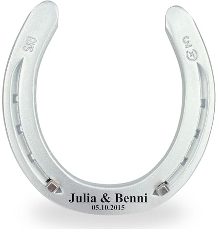 Dttra Hufeisen mit Wunschgravur aus schwerem Eisen, original Pferdehufeisen graviert, Silber lackiert, personalisiert Glückshufeisen für Hochzeit oder Einzug Geschenk