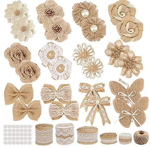 GUIFIER Lot de 30 fleurs en toile de jute comprenant 24 fleurs et nœuds, 5 rouleaux de ruban en toile de jute, 1 ruban de ficelle et un point de colle pour décoration de fête de mariage, décoration