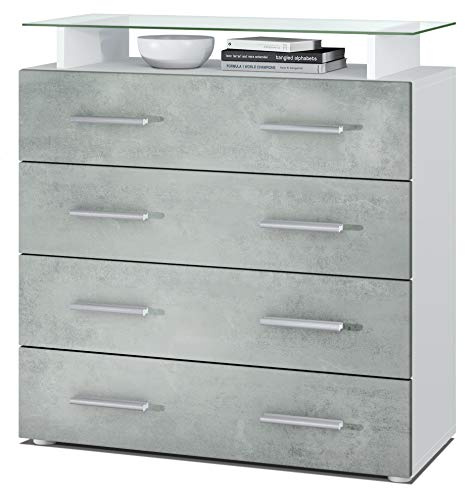 Vladon Sideboard Pavos V2, Kommode mit 4 Schubladen und Glasablage, Weiß matt/Beton Oxid Optik (76 x 81 x 35 cm)