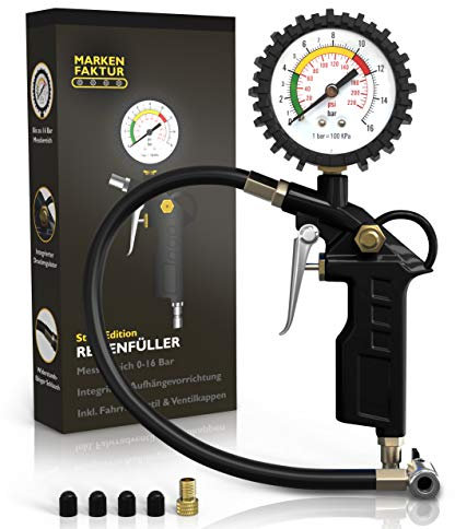 MARKENFAKTUR® Reifenfüller - Manometer-Messbereich: 0-16 bar - Universal Reifendruckprüfer mit integriertem Druckregulator - Reifenfüller Manometer - Luftdruckprüfer inkl. Fahrradventil & Ventilkappen