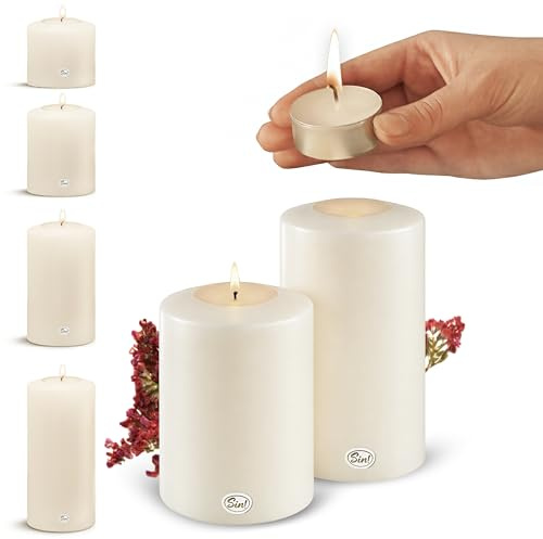 Sin!® 2er Set Teelichthalter & Dauerkerze Classic Ø 12cm H 15cm/20cm weiß - Die Kerze die Nicht schmilzt! Kunststoff-Kerze mit Teelichteinsatz (Made IN Germany) - Teelicht-Kerzenoptik selbstlöschend