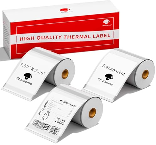 Phomemo 3 Rollen Transparentes etikett,Multifunktionales selbstklebendes transparentes Etikett, 40mm×60mm, 130 Etiketten/Rolle，Kompatibel mit Phommeo M110 M220 M120 M221 Etikettendrucker