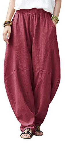 IXIMO Damen Baumwolle Leinen Hose Casual Elastische Taille Laterne Slacks Loose Fit Baggy Patchwork Hose, Burgunder, M