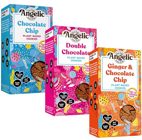 Angelic Free From Vegan & Gluten Free Cookies - 3 x 8 Pack Mixed Flavours | Top 14 Allergen Free, Dairy Free, Egg Free, Nut Safe, Plant Based & Vegan - Double Chocolate, Chocolate Chip & Ginger