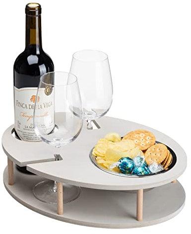 INEXTERIOR – Couchbar WeinBar handgefertigt aus Holz in Grau mit Wunschgravur – Runde Snack Box mit Snackschale, Weinflaschenhalter & sicherem Weinglashalter - Couchbutler Couchorganizer Tablett