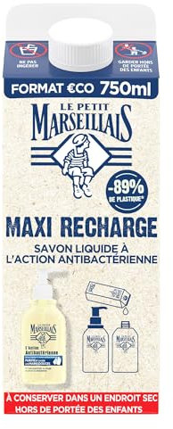 Le Pe Marseillais | Pack de recarga maxi de jabón líquido antibacteriano (750 ml de ladrillo) – Recarga de jabón líquido para botella de bomba – Jabón de manos con aceite esencial de salvia