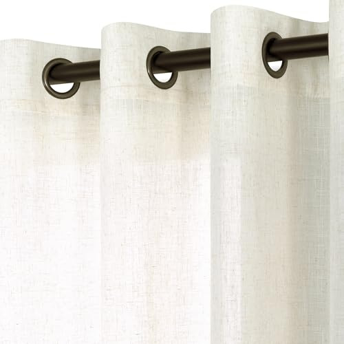 KOUFALL Grommet Linen Curtains 96 Inch Long 2 Panel Set, Thick Sheer Floor to Ceiling Curtain 8FT Length, Oil Rubbed Bronze Ring Top Curtains for Living Room Bedroom, Cream Ivory