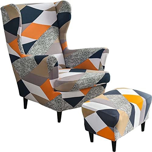 AQIGR 2 Teilig Ohrensessel Überzug Mit Ottomane Schonbezug Stretch Sessel Überwürfe Ohrensesselbezüge Bezug Sesselhusse Tiger Stuhlbezug (Color : #31)