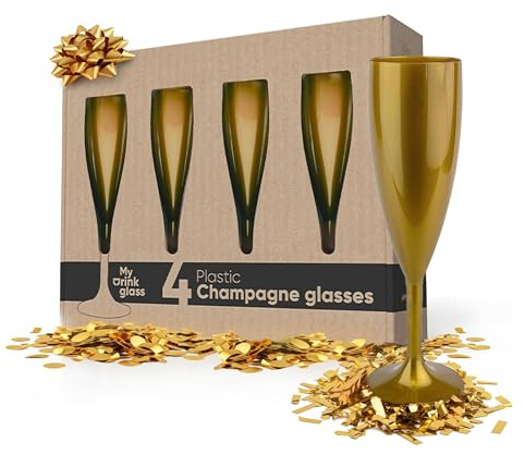 MyDrinkglass Coupe Champagne Plastique Givet 190 ml - Flute Champagne 4 Pieces - Verre Plastique Reutilisable Set - 4 Verre Camping Incassables - L'or
