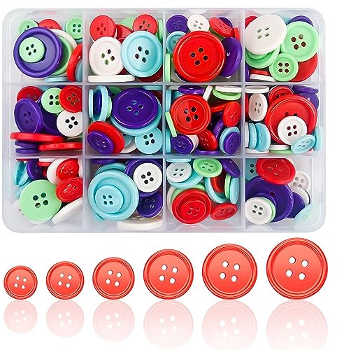 340 Stück Knöpfe zum Basteln Knöpfe Bunt, 5 Farben Knöpfe Harz Mit Aufbewahrungsbox für Basteln Nähen und Handarbeit 10MM-23MM (Farbe, 4 Löcher)