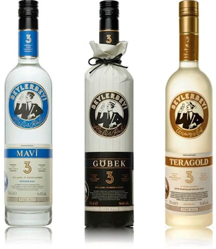 Beylerbeyi - Coffret Raki Göbek + Teragold + Mavi 70cl x 3 | Eau de Vie Turque Aromatisée à l'Anis - 100% Raisins Frais - Sans Sucres Ajoutés | Triple Distillation - Volume d'Alcool 45%
