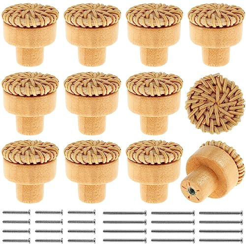 Foribyw 12Pcs Dresser Knobs Round 30mm Wooden Drawer Knobs Boho Rattan Decorative Furniture Pull Handles Multipurpose Bohemia Woven Door Pulls for Cabinets Wardrobe Bedside Tables