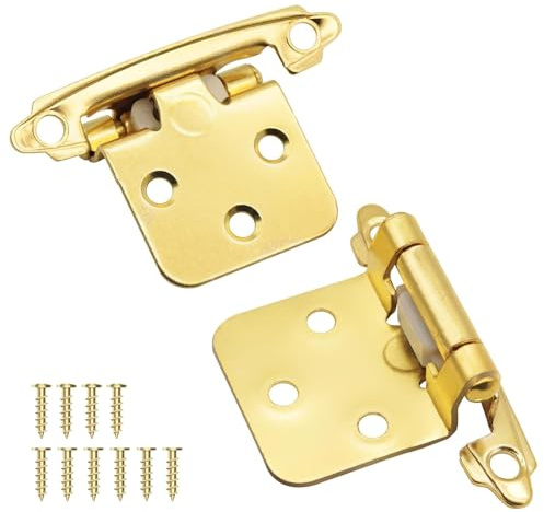 6 Pack (3 Pairs) 1/2 Inch Overlay Brass Gold Hinges Self Closing | Cabinet door hinge hardware. Self closing hinges for kitchen and cupboard doors