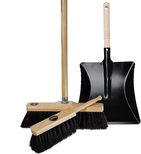 cleanling 3-teiliges Haushalts-Besen Set, Besen mit 140 cm Stiel, Handbesen & Kehrschaufel, Echtes Rosshaar, Staubbindend und Leicht zu Reinigen, Gewachstes Holz, Schaufel Schwarz, 1 Stück