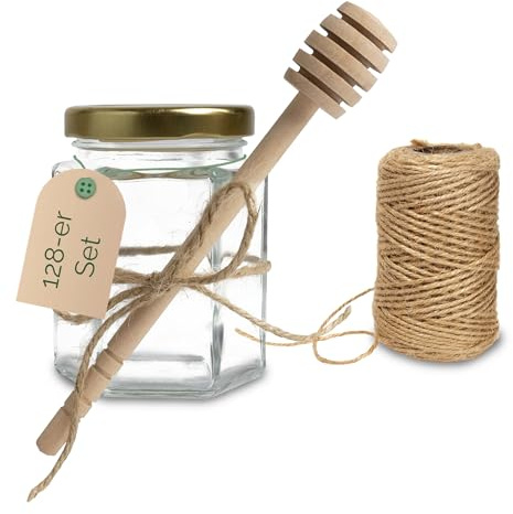 Apoidea – Set aus 128 Stück Honigglas 250g, Honiglöffel und Kordel/Honigglas mit Honiglöffel für kleine Gastgeschenke/Honiggläser, Honig Löffel & Juteschnur für Honig Geschenkset